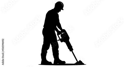 Silhouette of a construction worker operating a jackhammer, breaking ground.