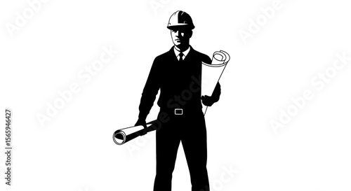 Silhouette of an engineer holding blueprints and a measuring tool.