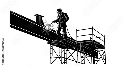 A welder, clad in protective gear, skillfully welds a large metal beam atop a scaffolding structure.