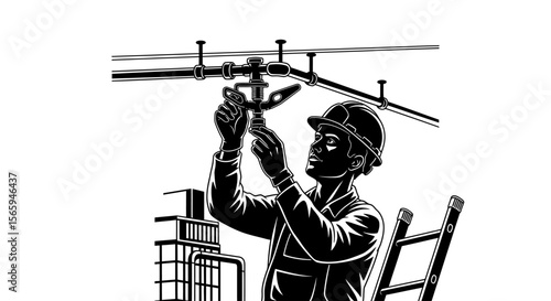 An electrician is working on overhead pipes, using tools, and wearing a helmet.