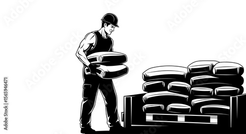 Construction worker carrying cement bags on a pallet.