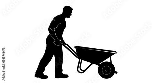 A strong man pushes a wheelbarrow, a silhouette depicting manual labor and physical exertion.