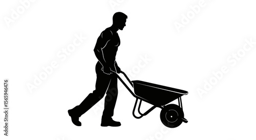 Silhouette of a man pushing a wheelbarrow, working outdoors.