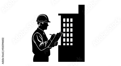Silhouette of a construction worker wearing a hard hat, holding a clipboard, inspecting a building.