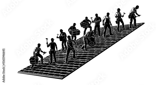 Construction workers ascending a staircase of progress, symbolizing career advancement and teamwork.