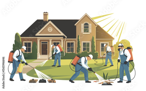 Pest Control Workers Spraying Yard Around House Cartoon Illustration with Sunlight Rays