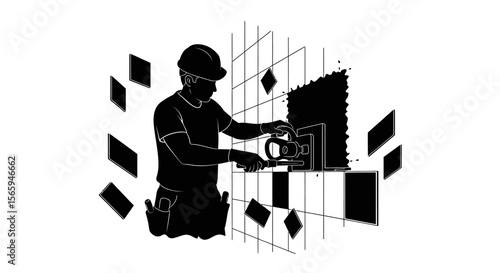 A construction worker wearing a hard hat is tiling a wall, using tools to apply tiles and grout.