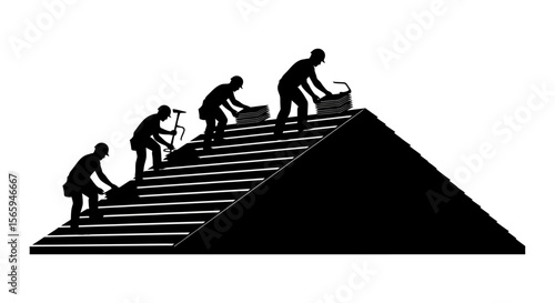 Silhouette illustration of construction workers installing a roof.
