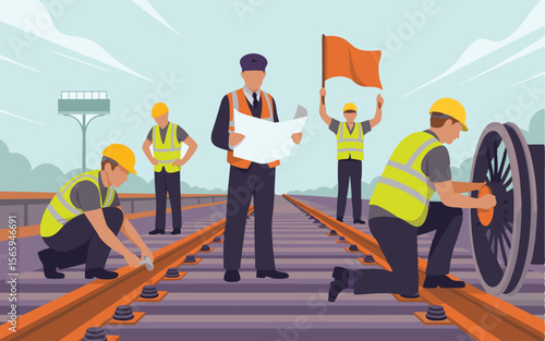 Railway Workers Inspecting and Repairing Tracks with Supervisor Reviewing Plans and Signalman Holding Flag