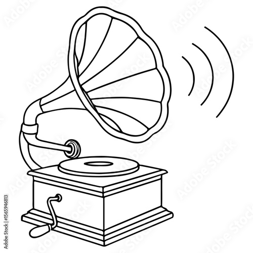 Vintage gramophone on white background with a brass speaker, an antique audio player for retro music and sound entertainment