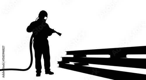 Silhouette of a worker sandblasting metal beams while wearing protective gear, set against a white background.