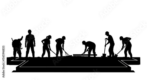 Silhouette illustration of construction workers laying a foundation.