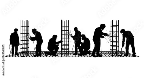Construction workers using various tools to build a reinforced structure.