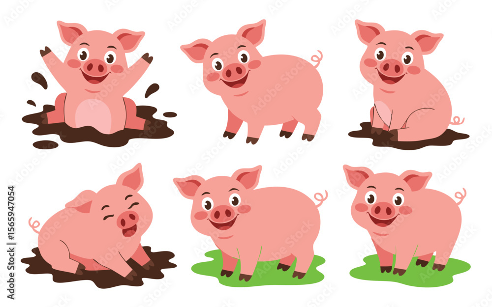 Obraz premium Six Cartoon Pink Pigs Posing in Mud and Grass Isolated on White Background