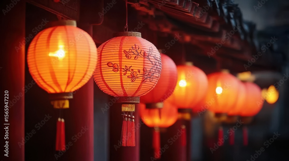 Row of illuminated red Chinese lanterns hanging in a traditional setting Row of illuminated red Chinese lanterns hanging in a traditional setting