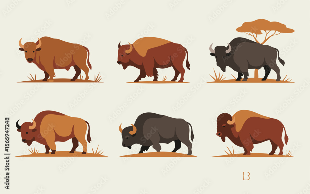 Obraz premium Stylized Bison Illustrations Variety of Colors, Buffalo Designs, African Savanna