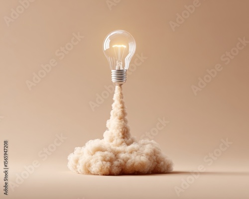 Modern glowing light bulb liftoff with vapor trail symbolizing innovation and creativity for premium corporate and tech marketing content