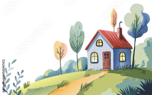 Watercolor Illustration of a Cozy House with Red Roof on a Hillside Path