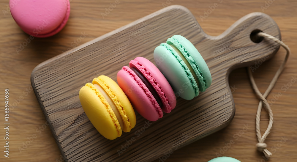 Obraz premium Colorful Macarons on Wooden Board Creating a Culinary Landscape