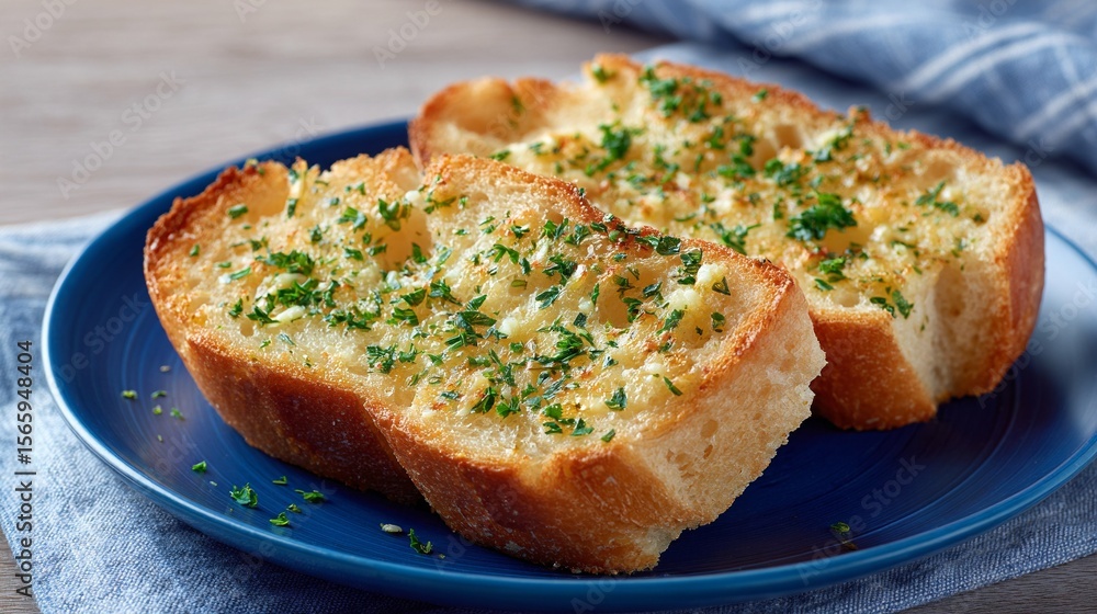 Two Slices of Delicious Golden Brown Garlic Bread with Parsley Garnish
Two Slices of Delicious Golden Brown Garlic Bread with Parsley Garnish