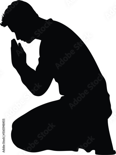 Vector Silhouette: Man Kneeling in Prayer, Humble Pose, Dark Mood