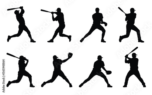 Eight detailed black baseball player silhouettes in action players batting