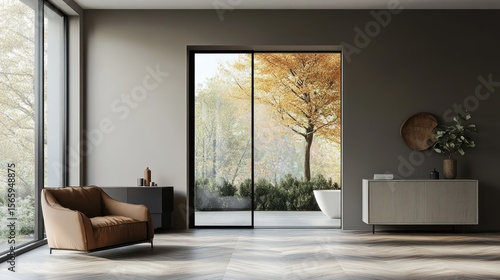 Modern room with large window overlooking autumn trees and minimal furnishings