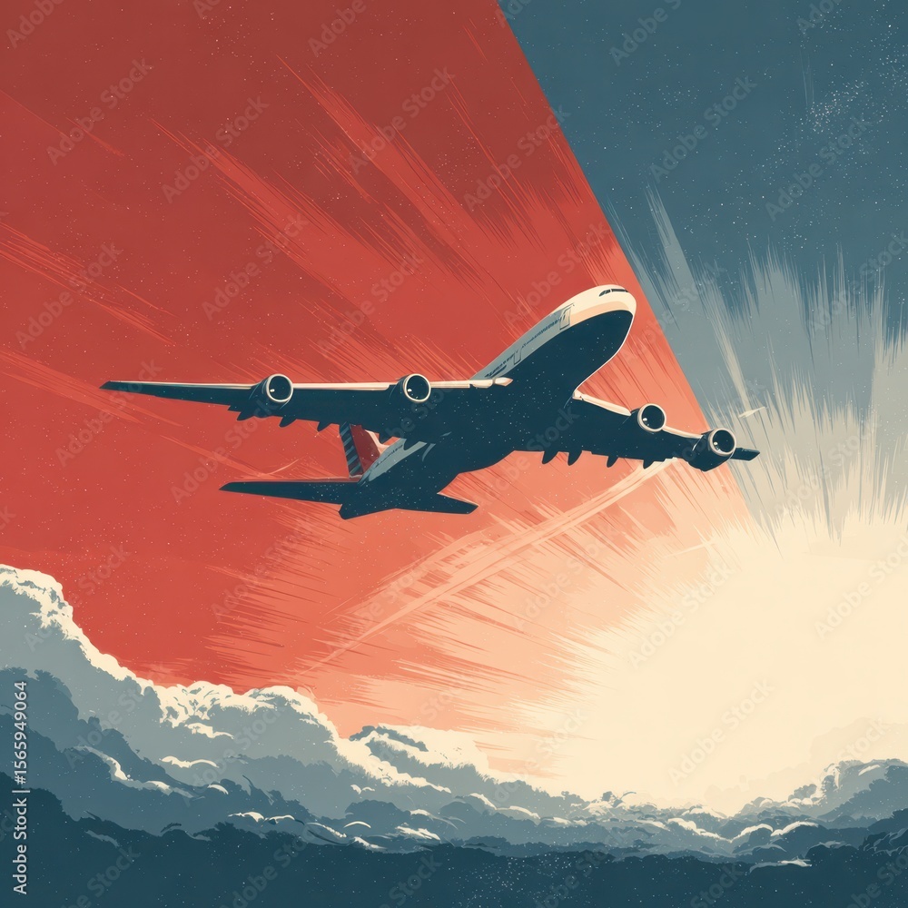 Fototapeta premium Airplane flying over clouds with beautiful sky