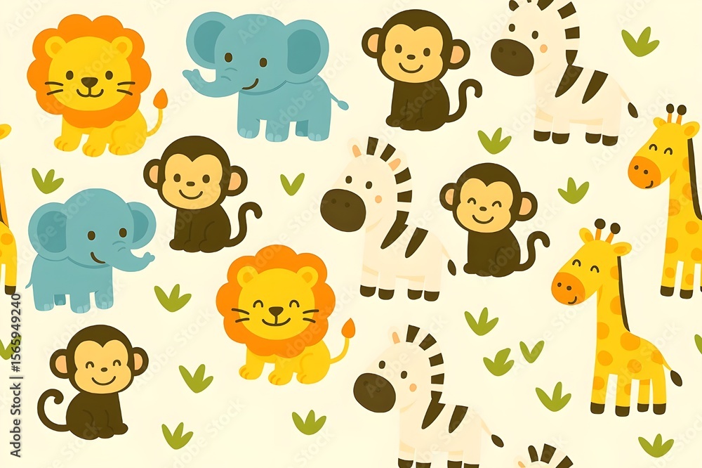 Fototapeta premium Charming Jungle Buddies – Cute Cartoon Animal Pattern for Nursery, Kids Decor & Stationery