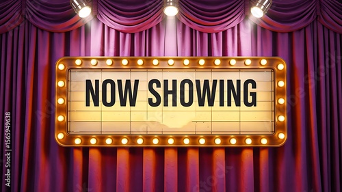 Now showing cinema sign with lights and red curtains background

