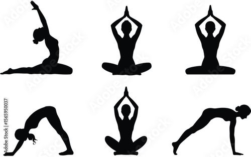Six elegant yoga poses black silhouettes pilates fitness