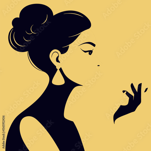 Elegant woman in profile with updo hairstyle and triangle earring on yellow background