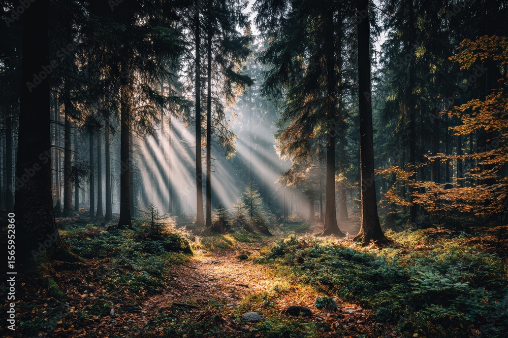 Obraz premium Sunlight Streaming Through Tall Forest Trees Creating Captivating Shadows and a Serene Atmosphere in a Lush Green Woodland