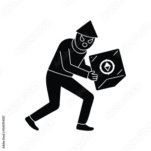 Silhouette of a masked thief fleeing with a stolen item in hand
