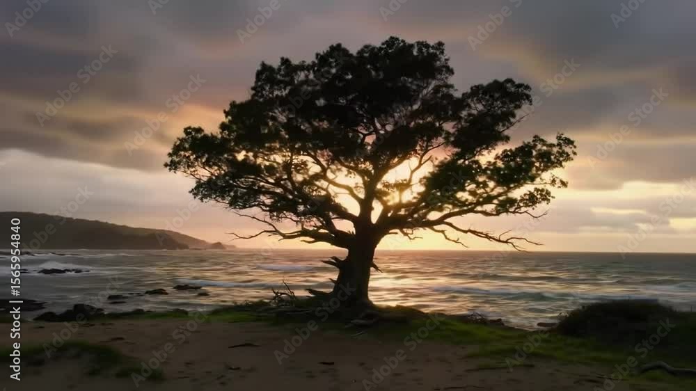 Silhouette of Tree on Beach at Sunrise with Gentle Waves and Dark Clouds Silhouette of Tree on Beach at Sunrise with Gentle Waves and Dark Clouds
