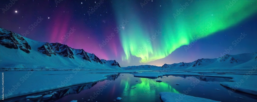 Naklejka premium A breathtaking panorama of the Arctic landscape; shimmering aurora borealis dancing across a star-filled night sky, reflecting on pristine snow and ice , mountains, stunning, dark