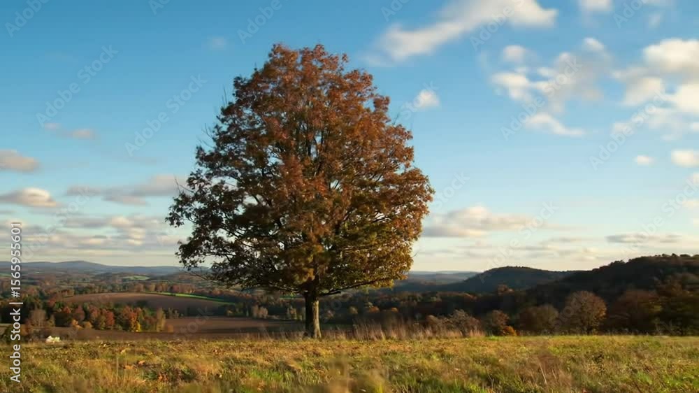 Lone Autumn Tree Standing on Hill Against Cloudy Sky Lone Autumn Tree Standing on Hill Against Cloudy Sky