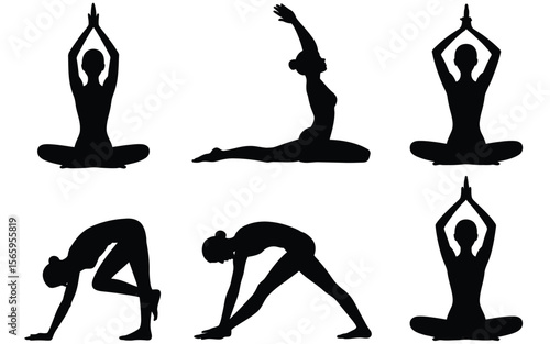 Six elegant black yoga poses silhouettes meditation stretching