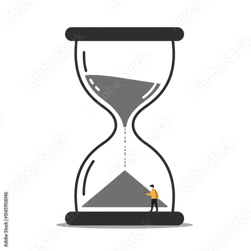 A tiny person stands next to a large hourglass with sand running through it.