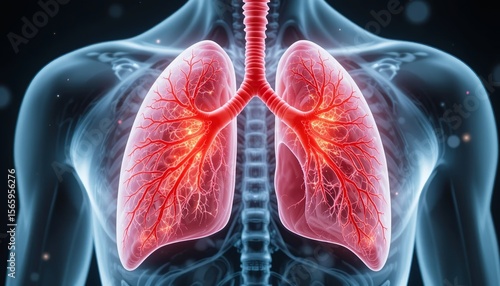 Human lungs anatomy with glowing neural connections, highlighting respiratory system and bronchial network. Futuristic medical concept. High-resolution 3D illustration