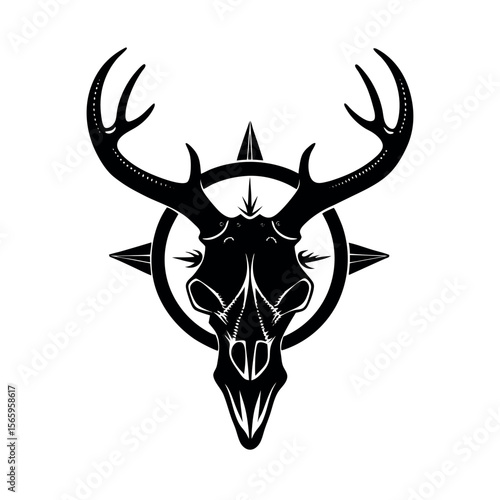 deer skull with vintage compass map background