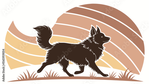 Fluffy Freedom – Long-Fur Chihuahua Dog Walking on Curved Grassland Silhouette