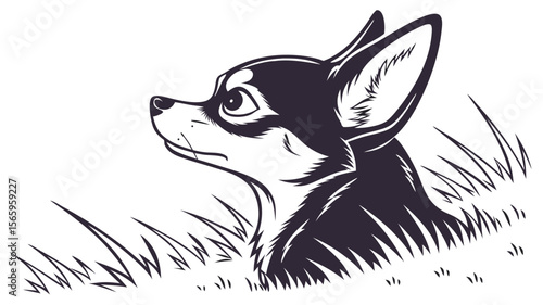 Alert Chihuahua Dog Head in Profile, Peeking from Grass  
