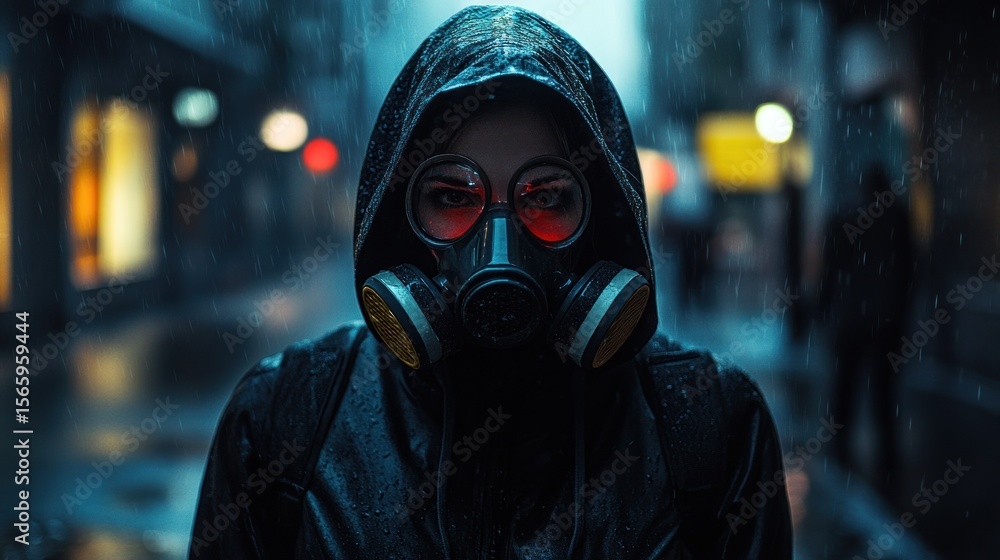 Woman in gas mask in a rainy city Woman in gas mask in a rainy city