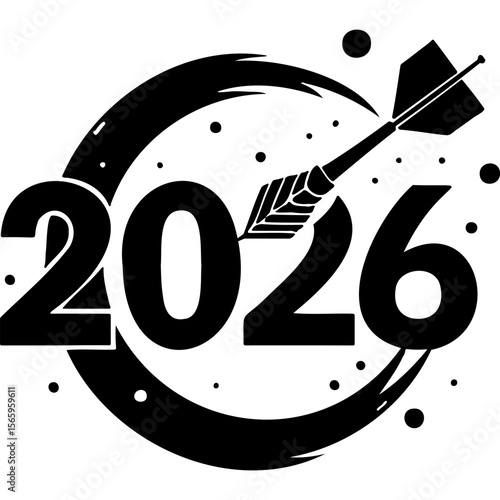 Sketchy emblem of dart in the center of the inscription 2026. Engraving minimalistic vector in black ink drawing on transparent background