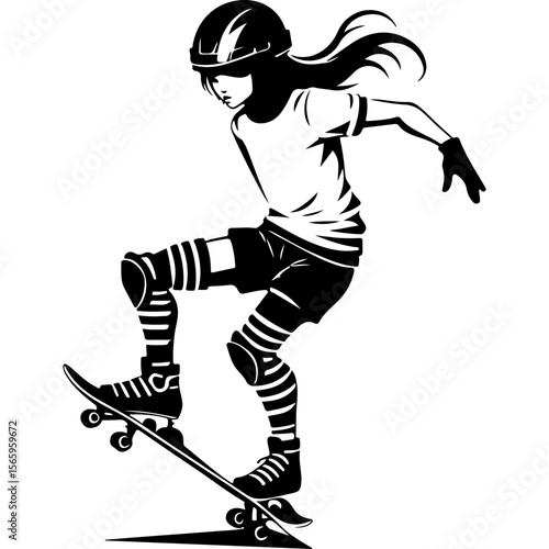 Sketchy sport emblem of skateboarder in protective helmet on board side view. Engraving minimalistic vector in black ink drawing on transparent background