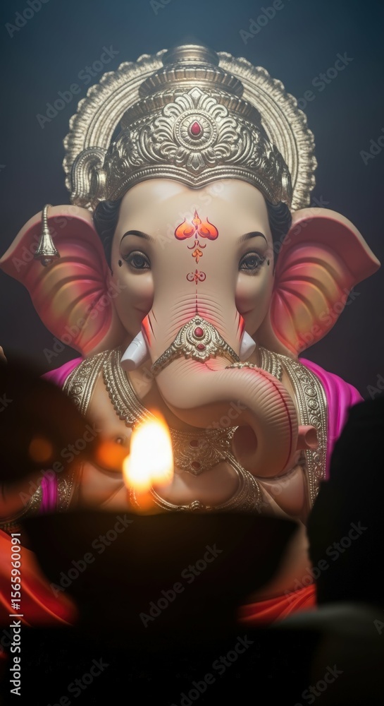 Fototapeta premium Ai generated image of closeup of a ganesh statue with a lit lamp
