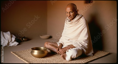 Ai generated image of mahatma gandhi sits peacefully in a simple room