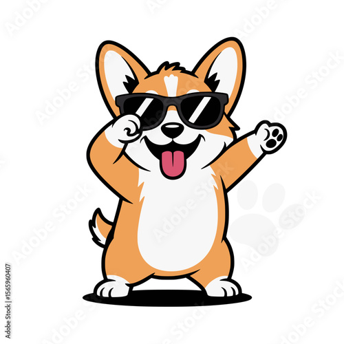 Cute cartoon corgi dog dabbing with sunglasses, Adorable vector illustration of a smiling corgi wearing sunglasses and performing a dab dance move, perfect for fun design projects.

