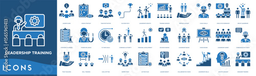 Leadership Training Icon set. Leader Guide, Vision Strategy, Team Motivation, Success Path, Leadership Growth, Training Session, Mentor Support and Coach Skills